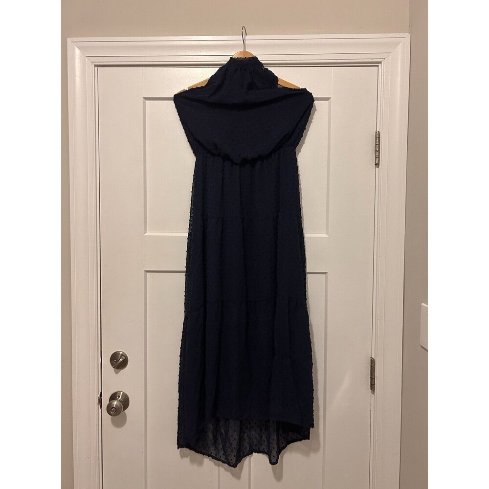 Pretty Garden Halter Backless Maxi Dress Women’s Size Medium Navy Blue Lined Dot